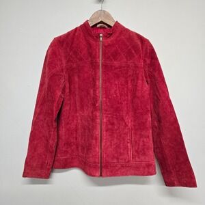 RuffHewn Suede Leather Jacket Women Medium Red Zip Moto Boho Y2K